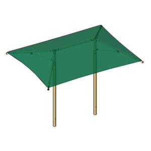 Green shade sail with wooden posts.