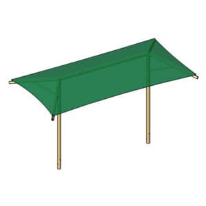Here's an alt tag for the image: Green fabric canopy with wooden supports.
