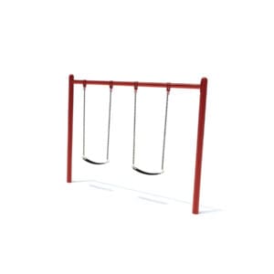 Red playground swing set with two swings.