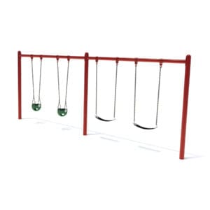Four swings on a playground frame.