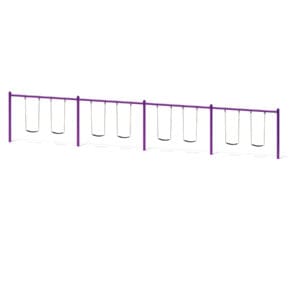Purple playground swing set with eight swings.