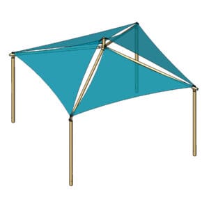 Here's an alt tag for the image: Teal shade sail, four-post design.