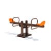 Brown seesaw with orange seats.