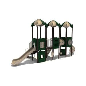 Green and beige outdoor playground structure.