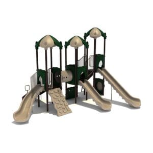 Playground structure with slides and climbing wall.