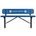 Blue Buddy Bench with paw prints.